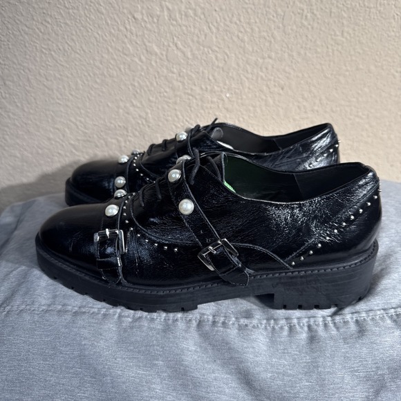Zara Patent Leather Shoes Women Size 39, 8 Black Stud Pearl Oxford Lug Sole Prep - Picture 4 of 7